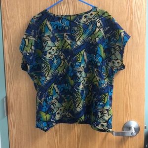 Green and Blue Short Sleeve Retro Printed Top